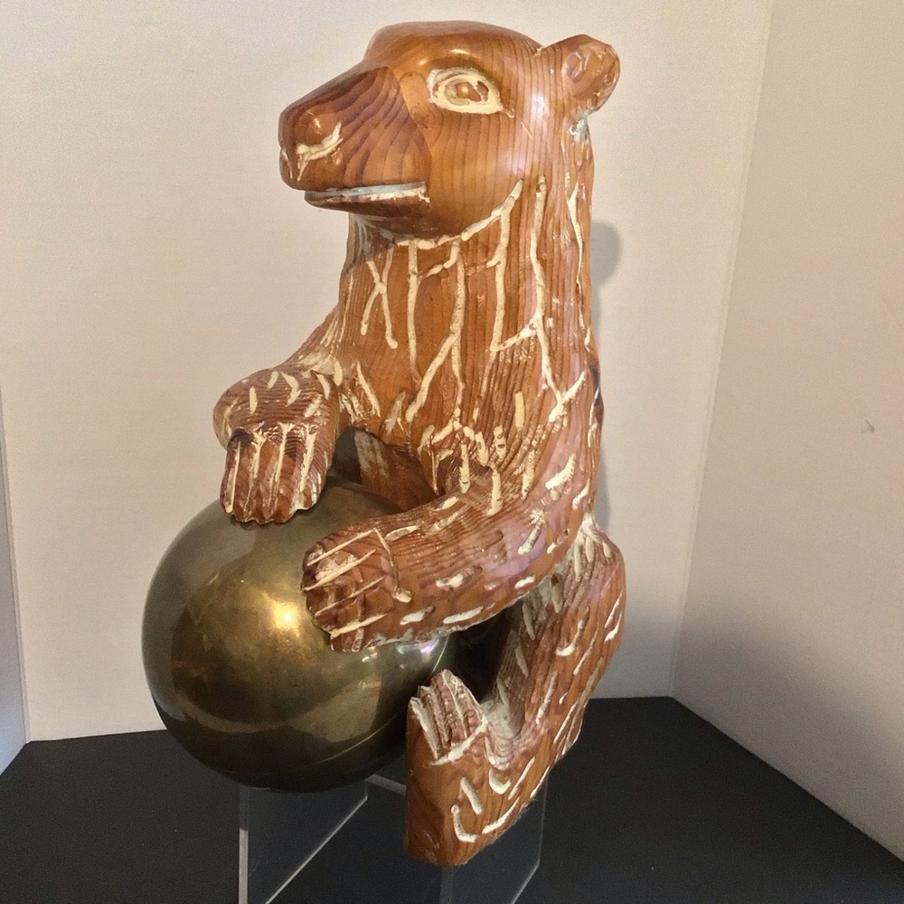 Vintage HAND CARVED Solid Wood White Washed Bear w/ Brass Ball